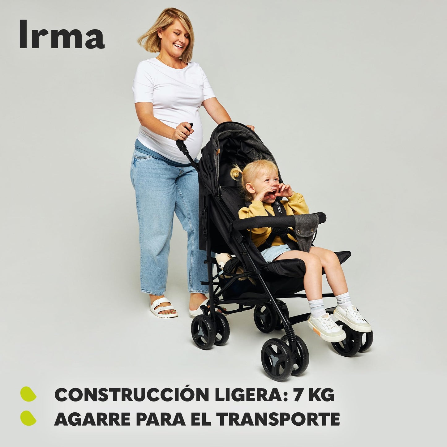 LIONELO Cochecito de bebé de Irma de hasta 15 kg, ligero y moderno, con función reclinable, plegable, ruedas grandes de 6 pulgadas, cesta grande, bolsa, mosquitera