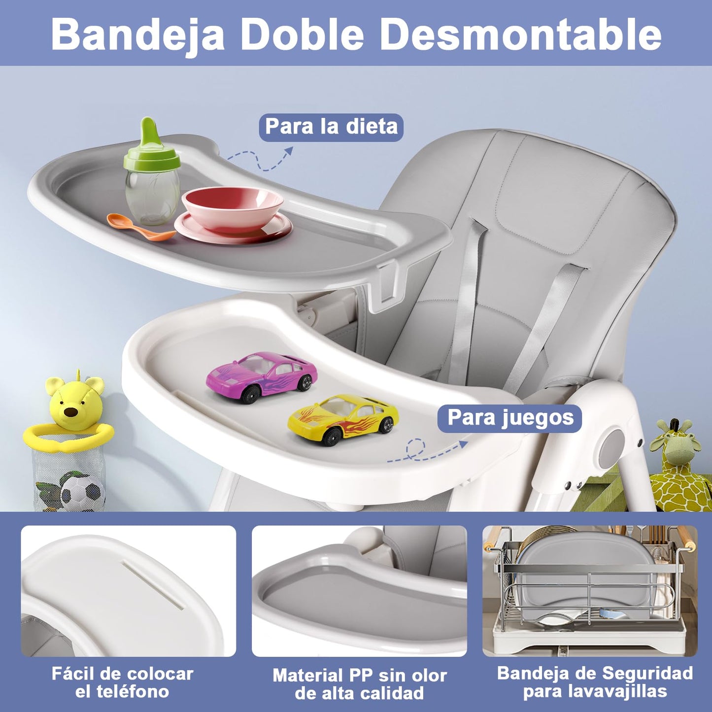 ONNWIN Trona Bebé Evolutiva Reclinable y Plegable, con Bandeja y Ruedas, de 6 Meses a 6 Años