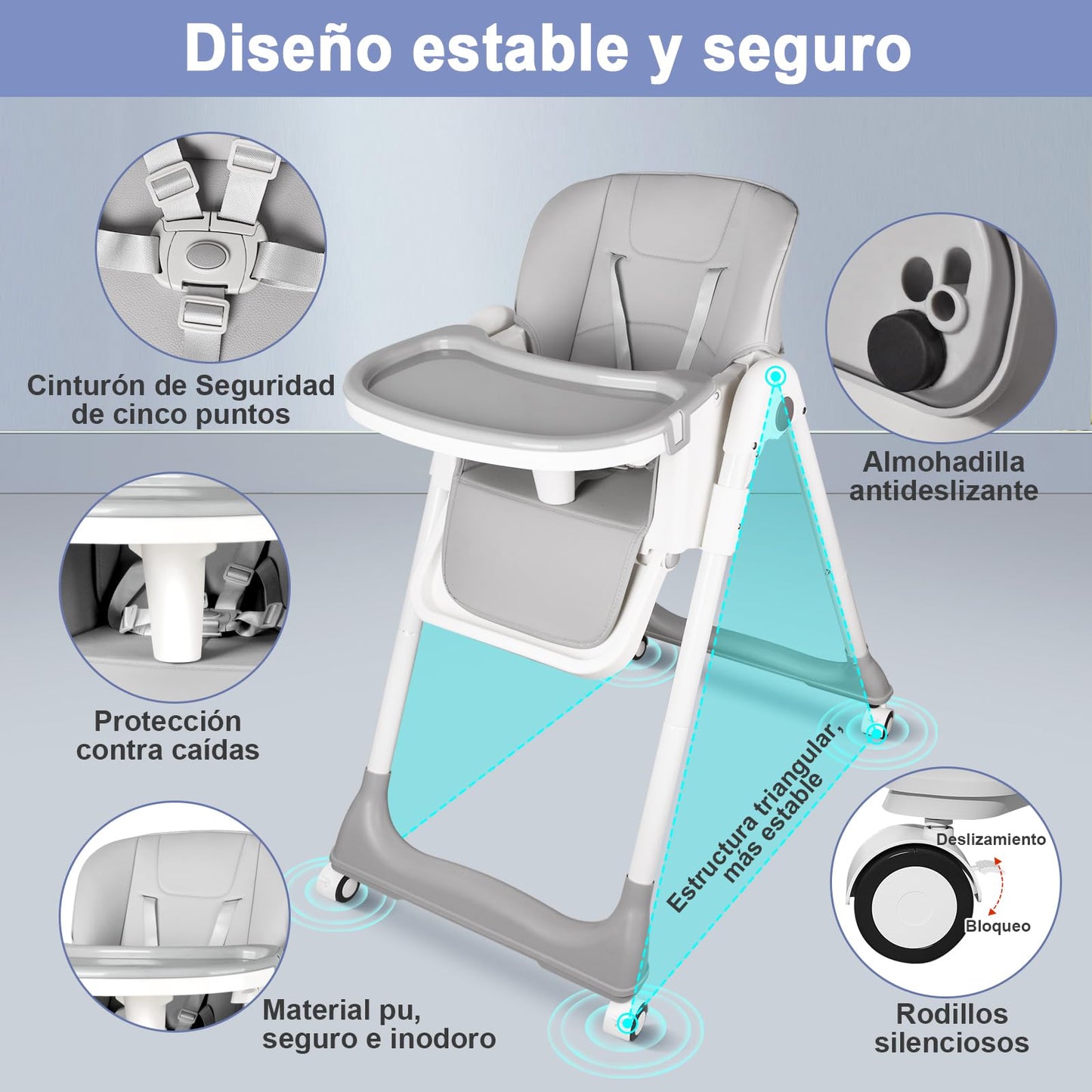 ONNWIN Trona Bebé Evolutiva Reclinable y Plegable, con Bandeja y Ruedas, de 6 Meses a 6 Años