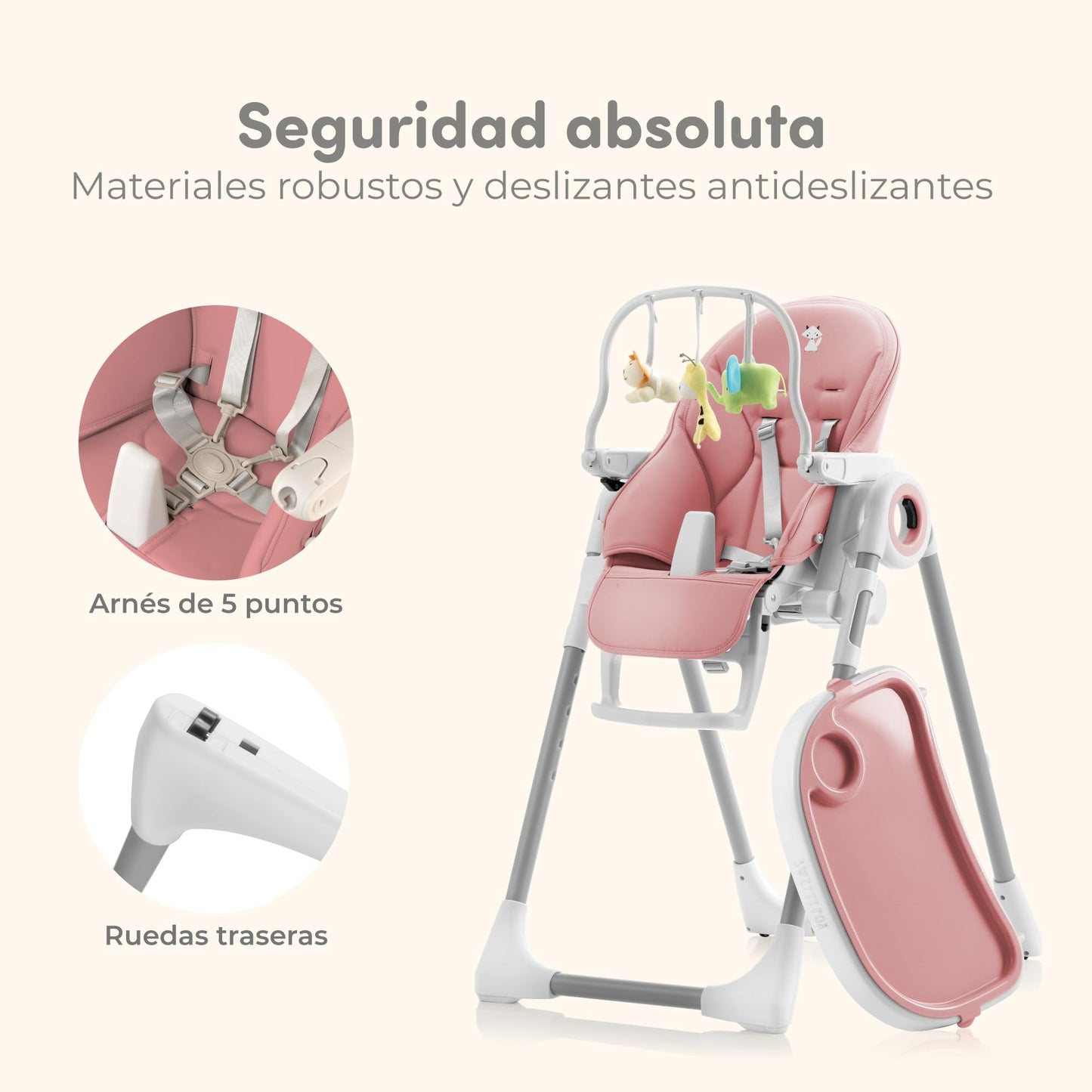 Sweety Fox Trona Bebé Evolutiva, Reclinable 5 Posiciones, 7 Alturas, Portátil, Rosa