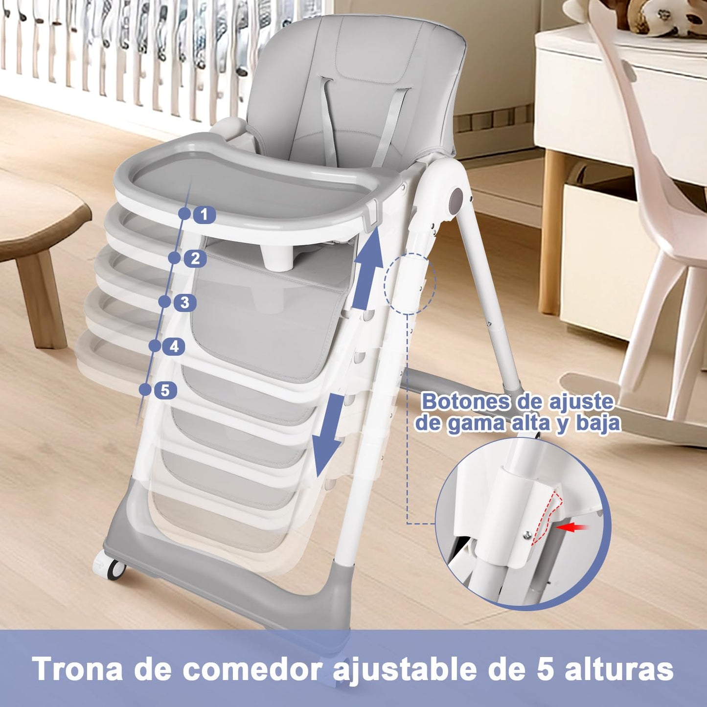 ONNWIN Trona Bebé Evolutiva Reclinable y Plegable, con Bandeja y Ruedas, de 6 Meses a 6 Años