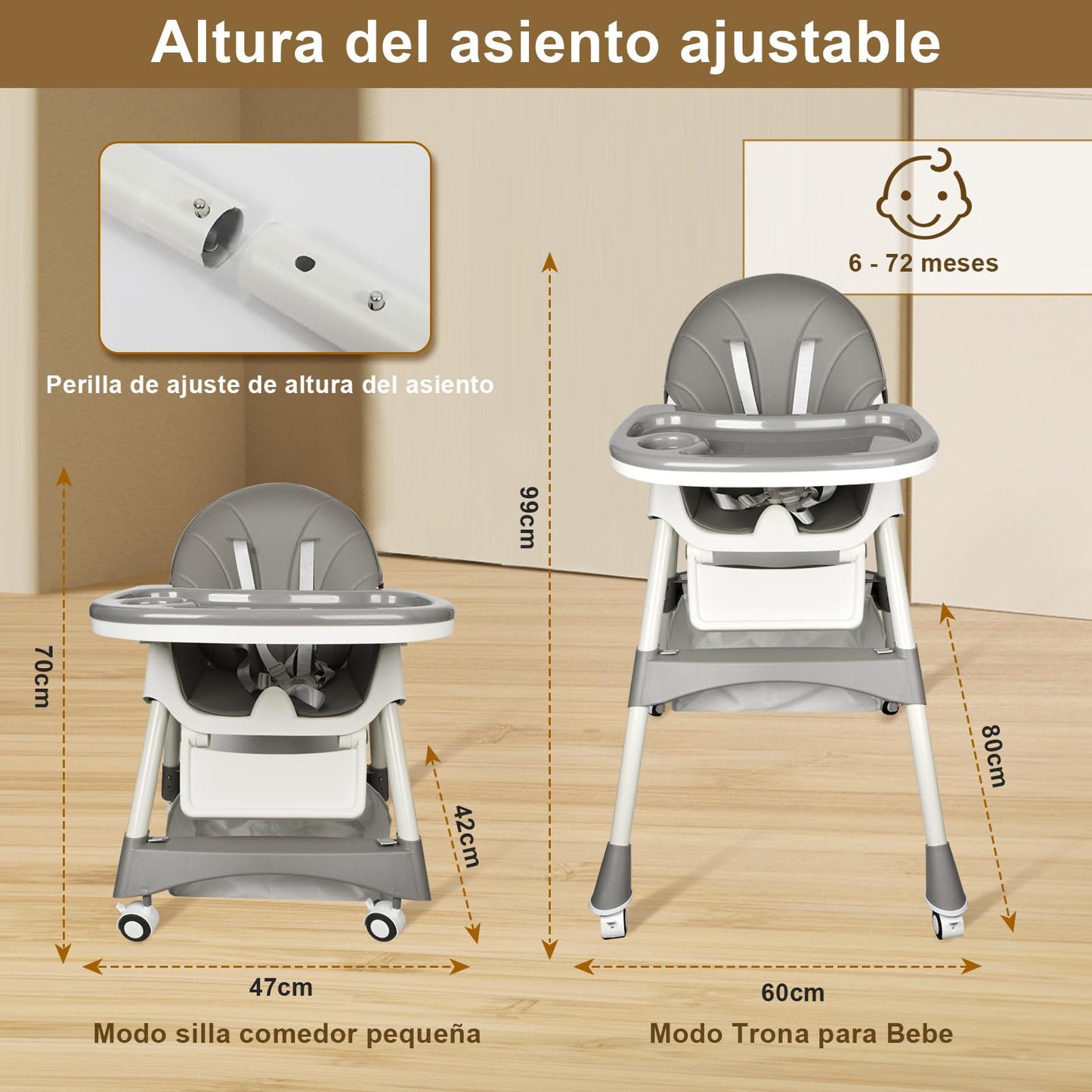 LINELUCK Trona Bebé Evolutiva Reclinable y Plegable, con Bandeja y Ruedas, de 6 Meses a 6 Años