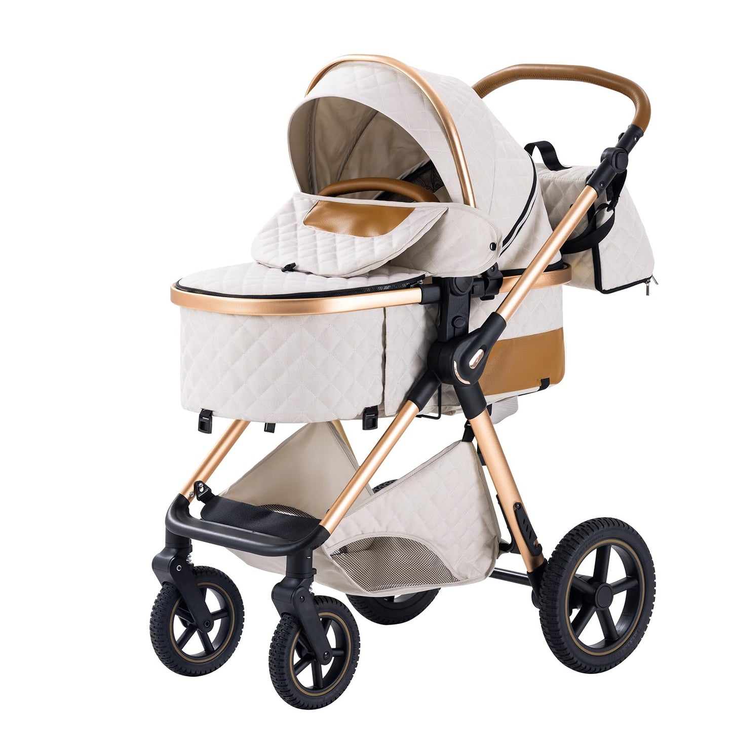 BEBBY Cochecito de bebé 3 en 1,Carrito Bebe 3 en 1 Con Asiento, Cochecitos Portátil Plegable Con Un Clic, Carricoche Combinado Paisaje Alto Marco de Aluminio Para Recién Nacido (Rice white, H2)