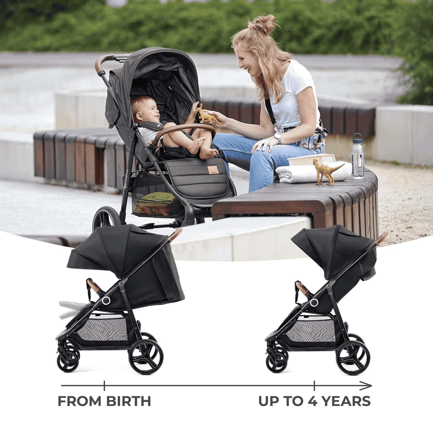 Kinderkraft GRANDE PLUS Silla de Paseo Ligera, Plegado con 1 Mano, Reclinación Total y Suspensión en Ruedas, desde Nacimiento hasta 22 kg, Negro