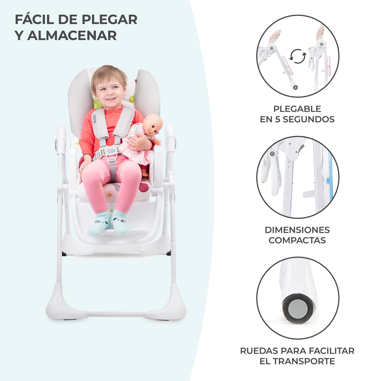 inderkraft YUMMY Trona Bebé Portátil, Plegable y Reclinable (7 Niveles), con Reposapiés y Bandeja Ajustables, hasta 3 Años, Rosa