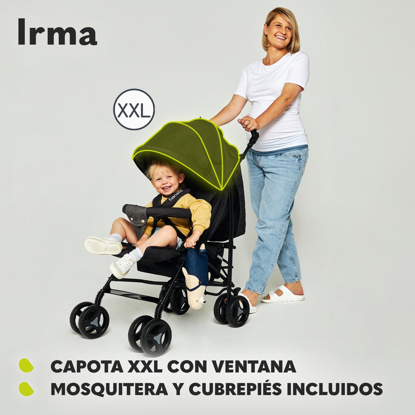 LIONELO Cochecito de bebé de Irma de hasta 15 kg, ligero y moderno, con función reclinable, plegable, ruedas grandes de 6 pulgadas, cesta grande, bolsa, mosquitera