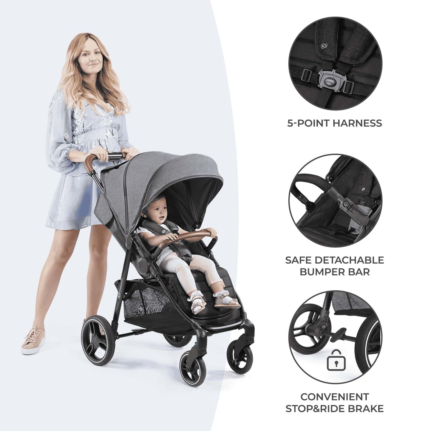 Kinderkraft GRANDE PLUS Silla de Paseo Ligera, Plegado con 1 Mano, Reclinación Total y Suspensión en Ruedas, desde Nacimiento hasta 22 kg, Negro