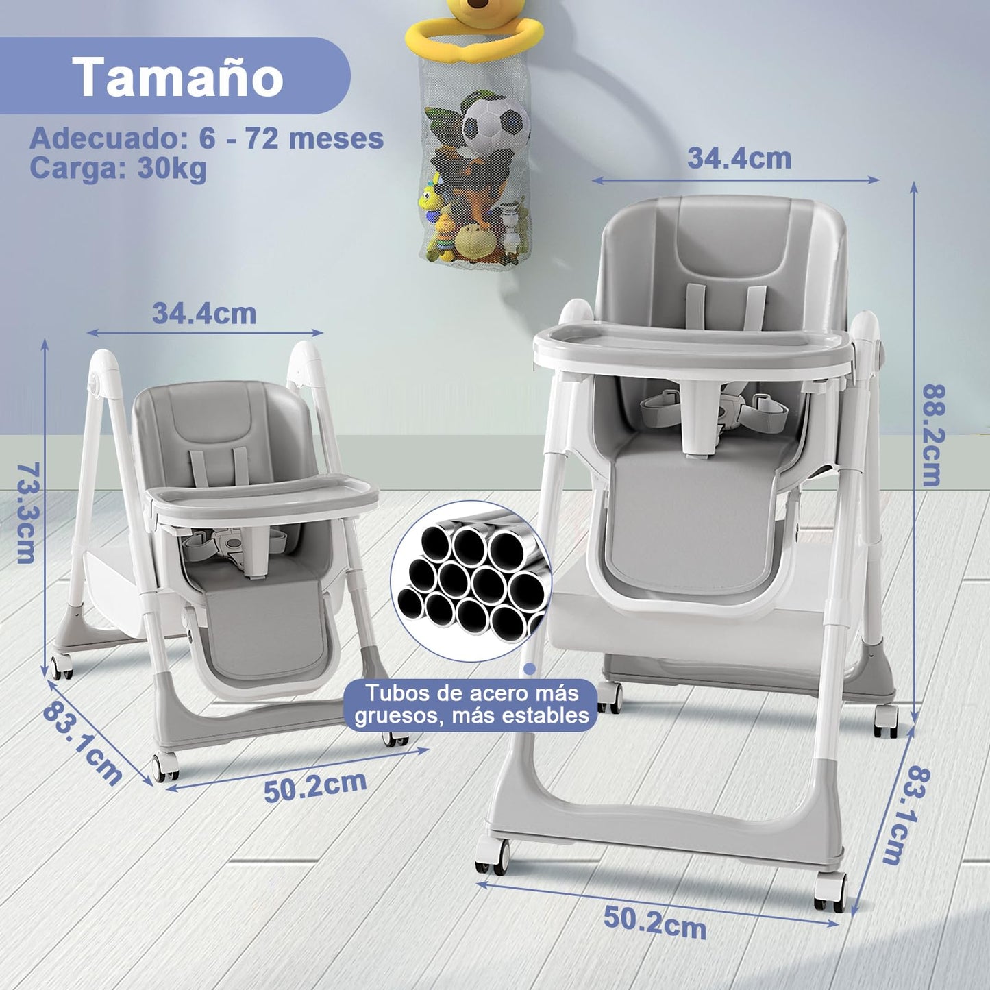 ONNWIN Trona Bebé Evolutiva Reclinable y Plegable, con Bandeja y Ruedas, de 6 Meses a 6 Años