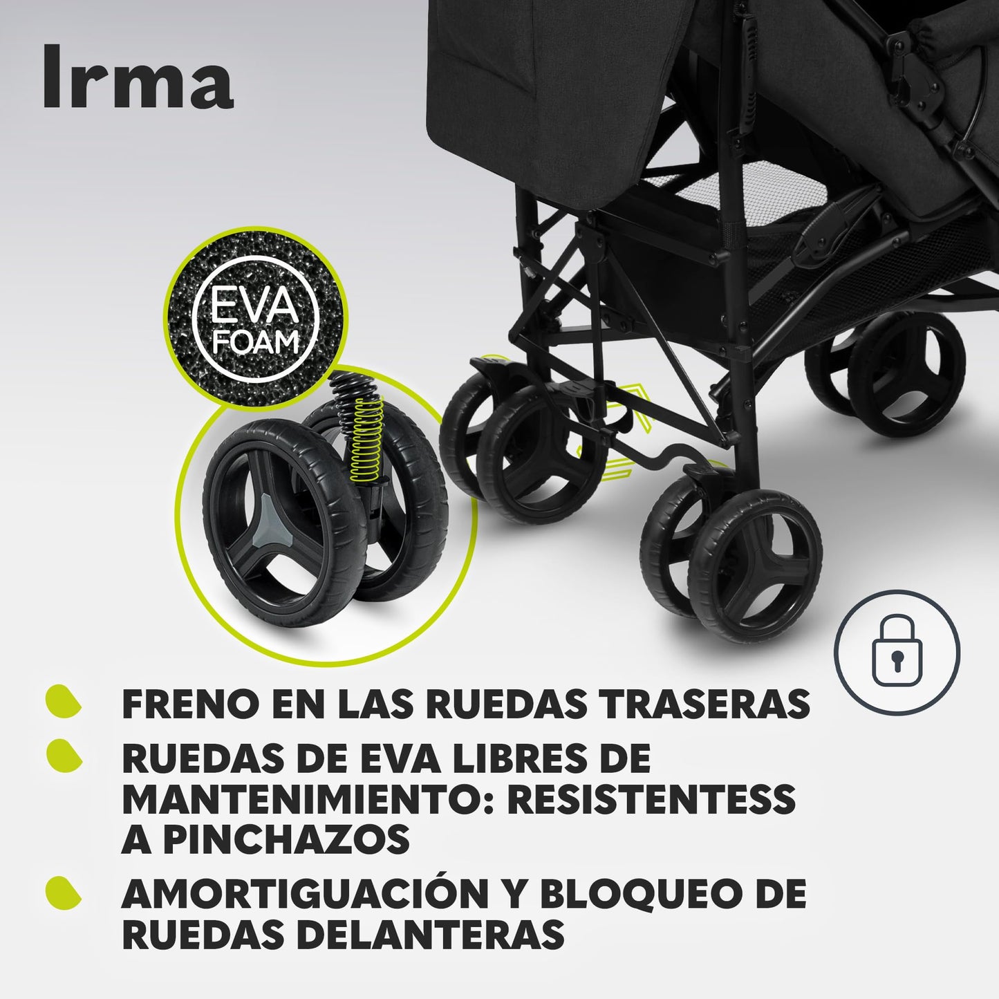 LIONELO Cochecito de bebé de Irma de hasta 15 kg, ligero y moderno, con función reclinable, plegable, ruedas grandes de 6 pulgadas, cesta grande, bolsa, mosquitera