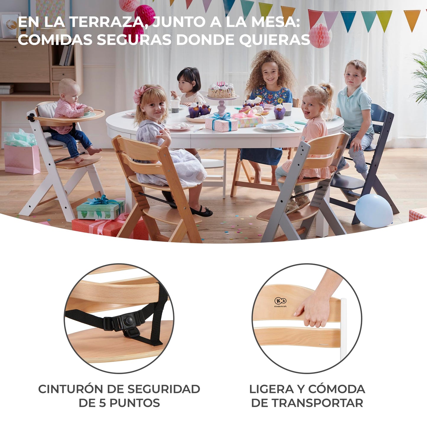 Kinderkraft ENOCK Trona Bebé Evolutiva de Madera, Portátil, Ergonómica, con Barrera y Bandeja