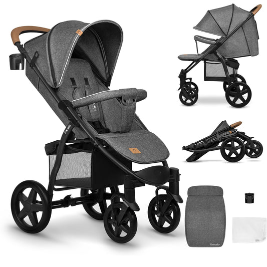LIONELO Annet Silla de Paseo con Reclinación Total, Capota XXL y Mosquitera, Plegable, de 0-48 Meses (hasta 22 kg), Stone Caramel