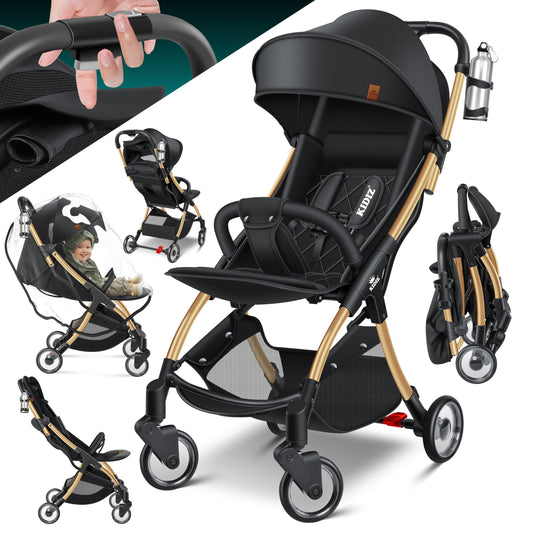 KIDIZ® Premium Silla de Paseo, Buggy, Ruedas de 360°, Arnés de 5 puntos, Incluye portavasos y protector de lluvia, Respaldo ajustable y capota, Plegable, Champán