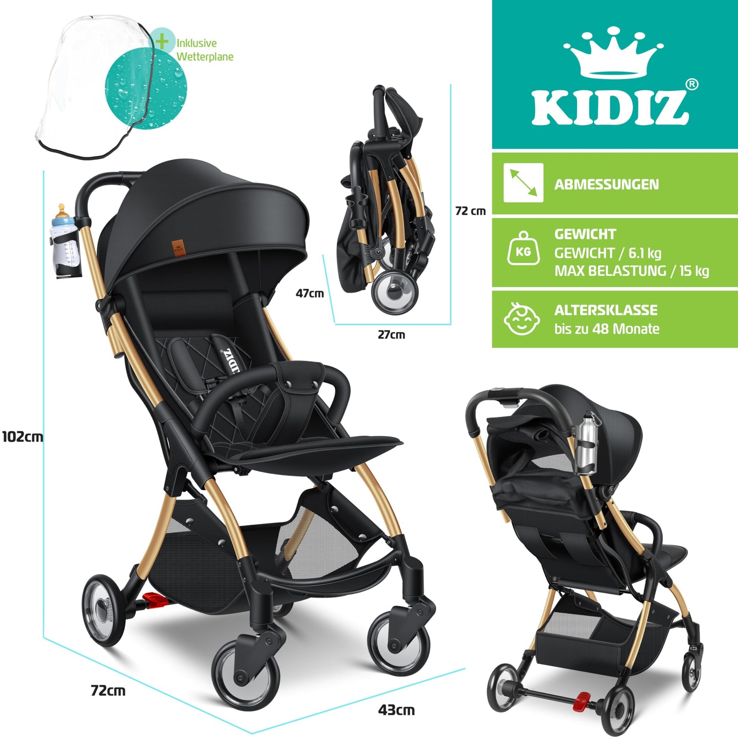 KIDIZ® Premium Silla de Paseo, Buggy, Ruedas de 360°, Arnés de 5 puntos, Incluye portavasos y protector de lluvia, Respaldo ajustable y capota, Plegable, Champán