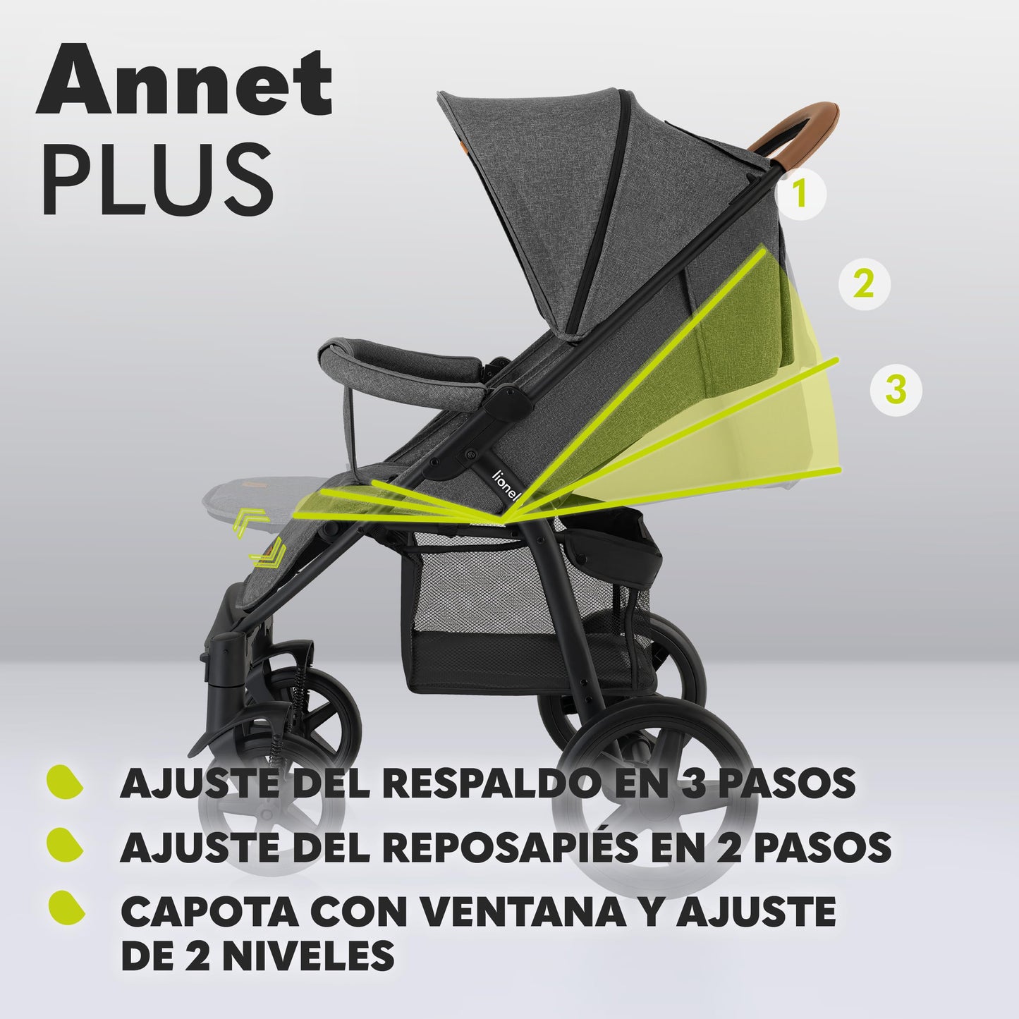 LIONELO Annet Silla de Paseo con Reclinación Total, Capota XXL y Mosquitera, Plegable, de 0-48 Meses (hasta 22 kg), Stone Caramel