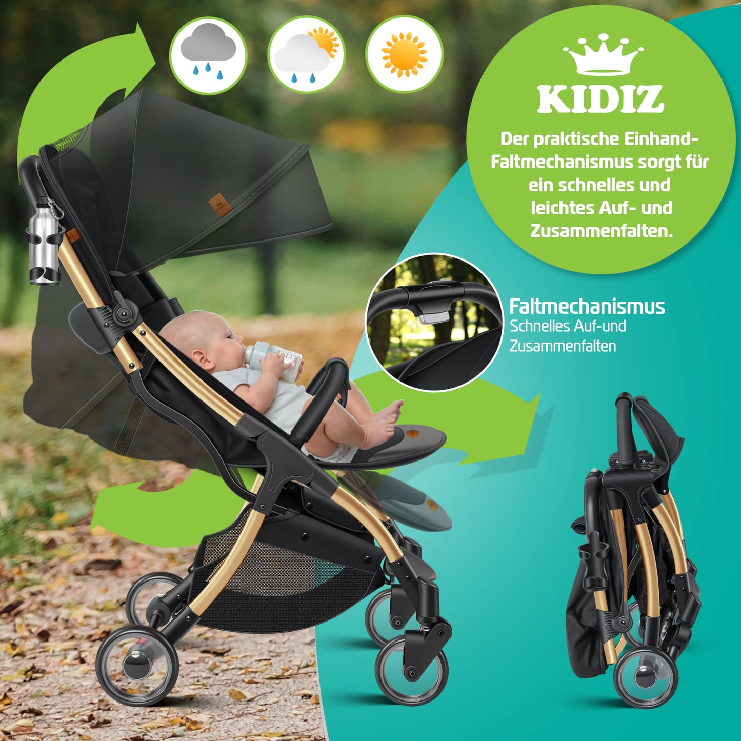 KIDIZ® Premium Silla de Paseo, Buggy, Ruedas de 360°, Arnés de 5 puntos, Incluye portavasos y protector de lluvia, Respaldo ajustable y capota, Plegable, Champán