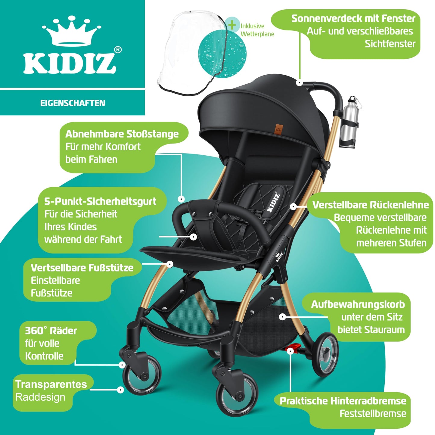KIDIZ® Premium Silla de Paseo, Buggy, Ruedas de 360°, Arnés de 5 puntos, Incluye portavasos y protector de lluvia, Respaldo ajustable y capota, Plegable, Champán