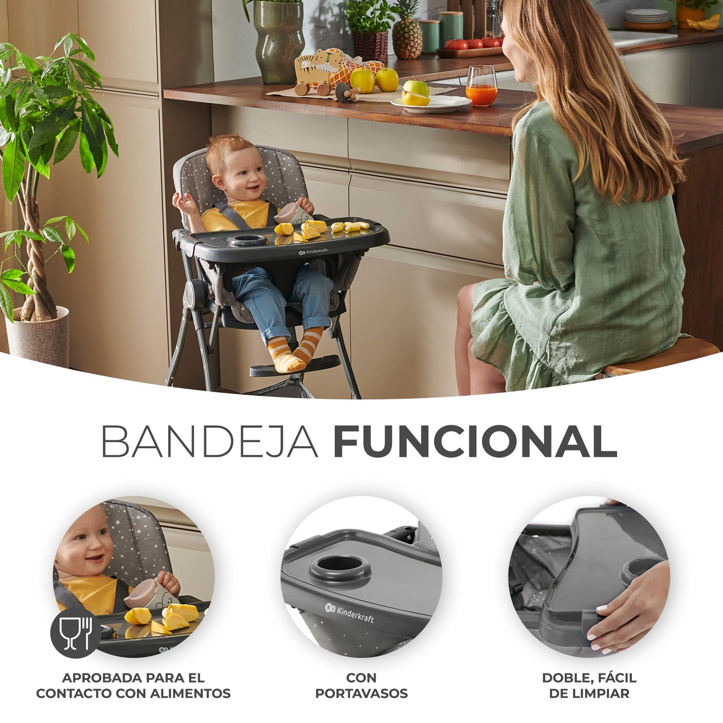 Kinderkraft FOLDEE Trona Bebé Reclinable y Plegable, con Reposapiés y Bandeja Doble Extraíble, de 6 Meses a 3 Años, Verde