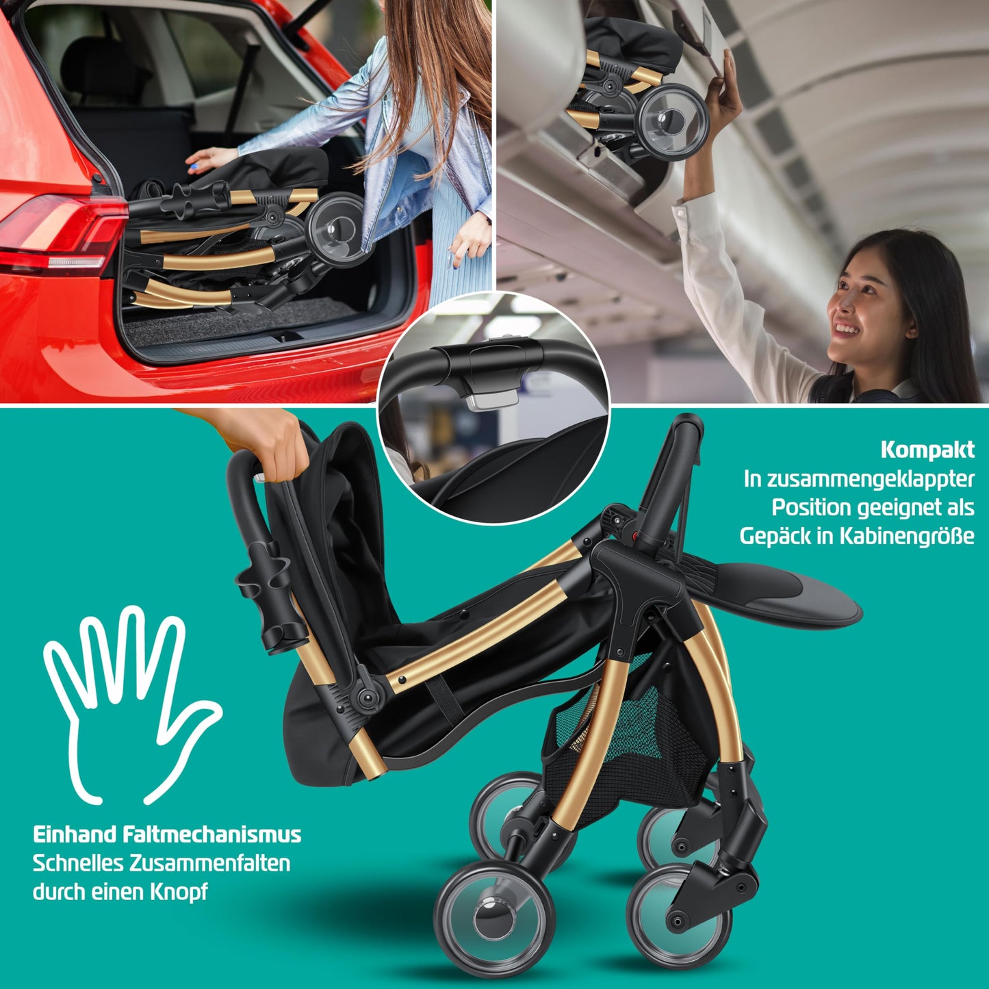 KIDIZ® Premium Silla de Paseo, Buggy, Ruedas de 360°, Arnés de 5 puntos, Incluye portavasos y protector de lluvia, Respaldo ajustable y capota, Plegable, Champán