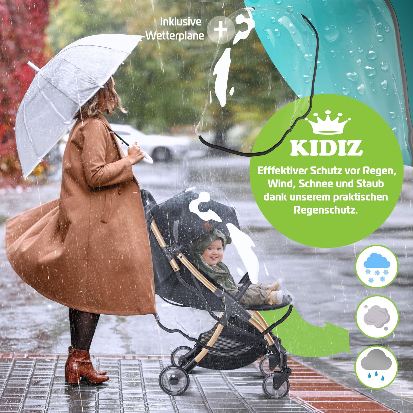 KIDIZ® Premium Silla de Paseo, Buggy, Ruedas de 360°, Arnés de 5 puntos, Incluye portavasos y protector de lluvia, Respaldo ajustable y capota, Plegable, Champán