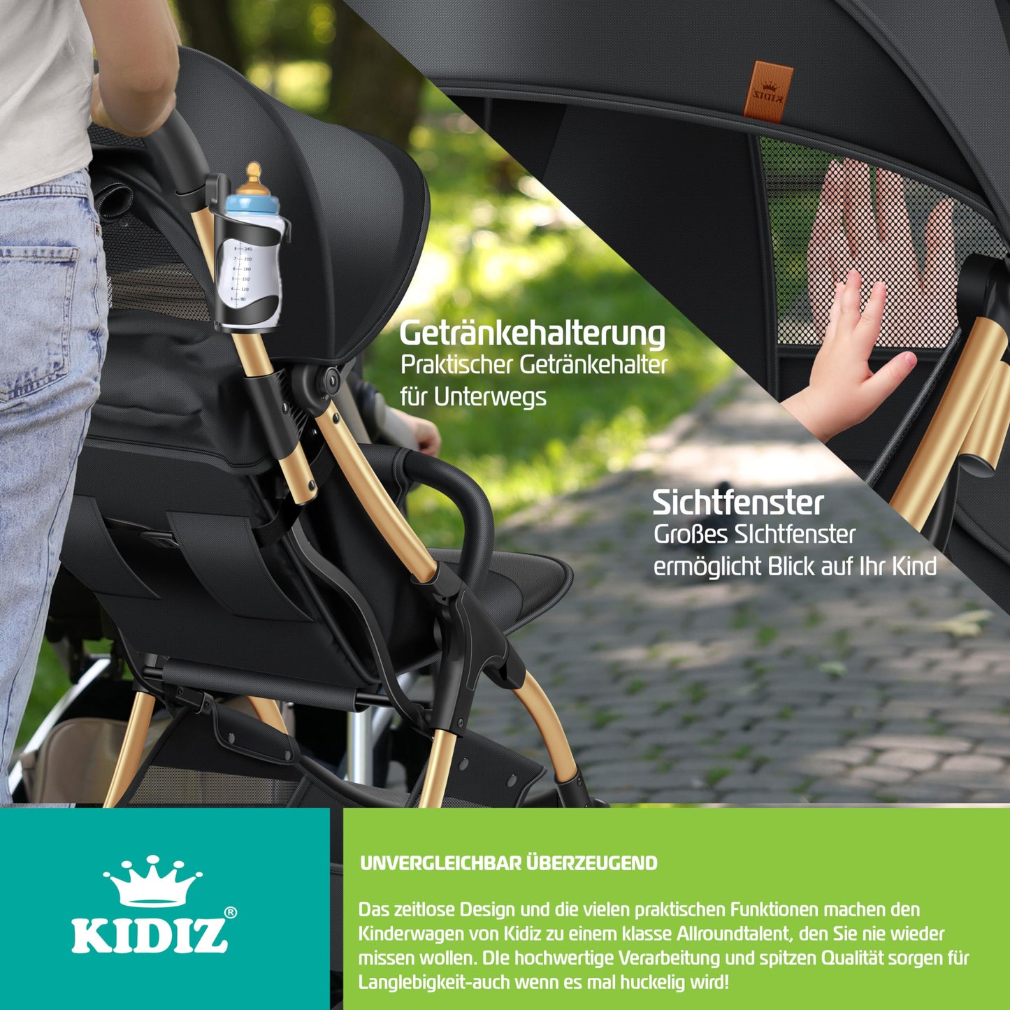 KIDIZ® Premium Silla de Paseo, Buggy, Ruedas de 360°, Arnés de 5 puntos, Incluye portavasos y protector de lluvia, Respaldo ajustable y capota, Plegable, Champán