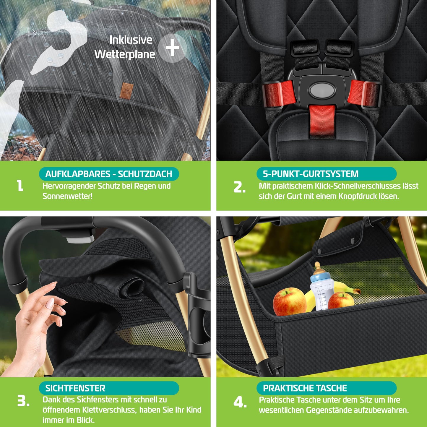 KIDIZ® Premium Silla de Paseo, Buggy, Ruedas de 360°, Arnés de 5 puntos, Incluye portavasos y protector de lluvia, Respaldo ajustable y capota, Plegable, Champán