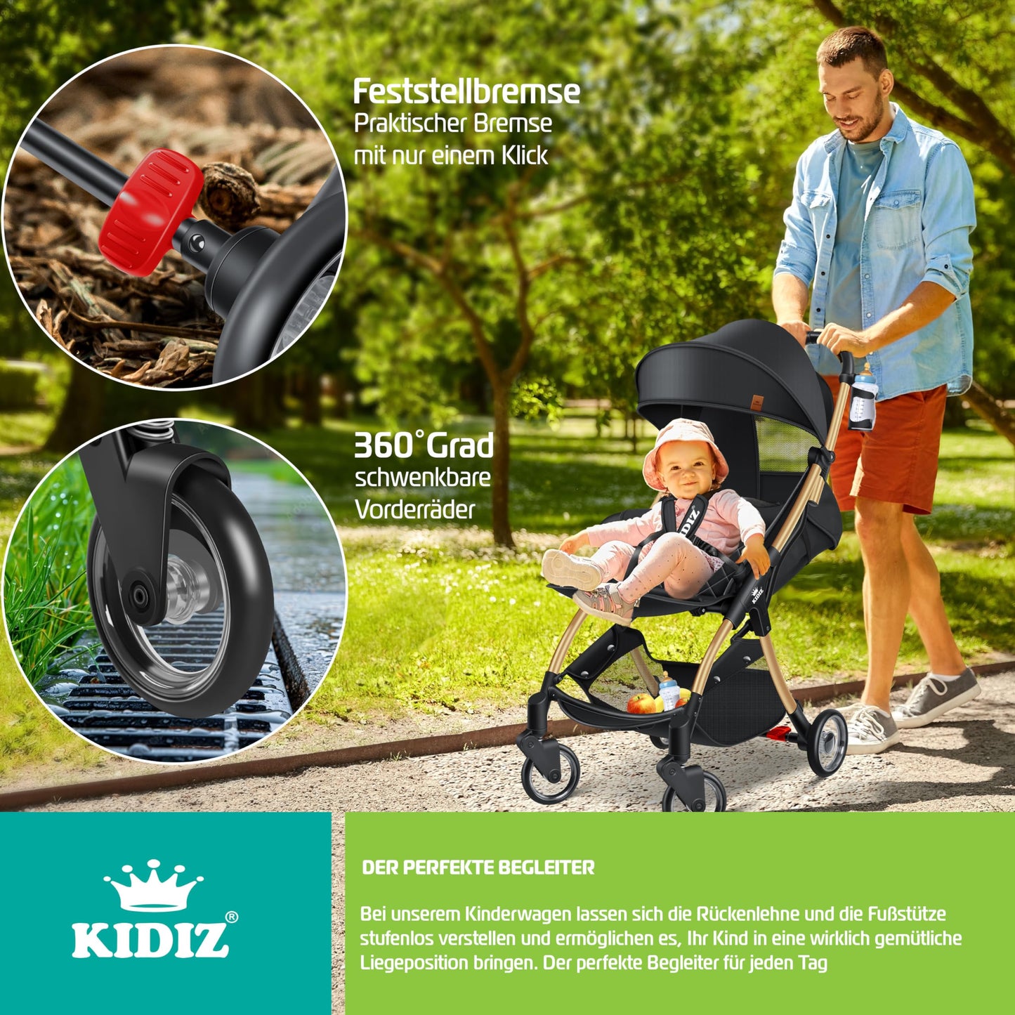 KIDIZ® Premium Silla de Paseo, Buggy, Ruedas de 360°, Arnés de 5 puntos, Incluye portavasos y protector de lluvia, Respaldo ajustable y capota, Plegable, Champán